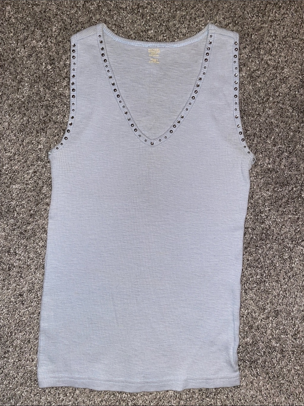 Michael Kors Light Blue Stud-Trim Ribbed V-Neck Tank